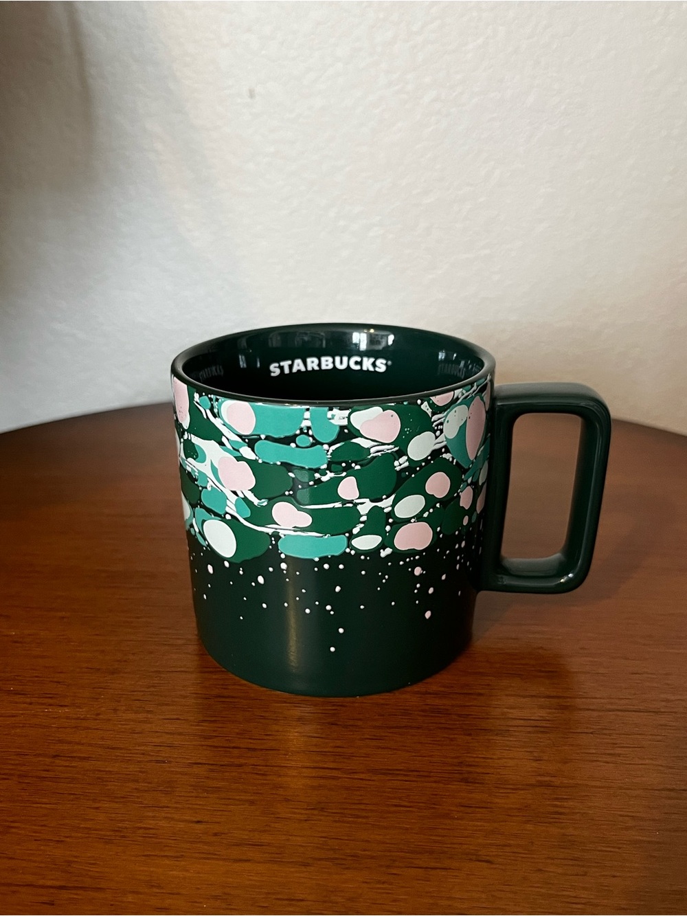 Starbucks Dark Forest Green Ceramic Mug with Pink and Teal Pattern Design 12oz